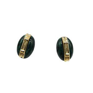Vintage Green Acylic Gold-Tone Clip-On Earrings Oval Design 1980s